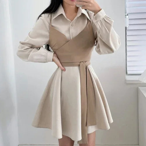 Neploe Chic French Simple Sweet Temperament Lapel Irregular Design Solid Color Dress Waist Wrap Chest Camisole Two Piece Suit