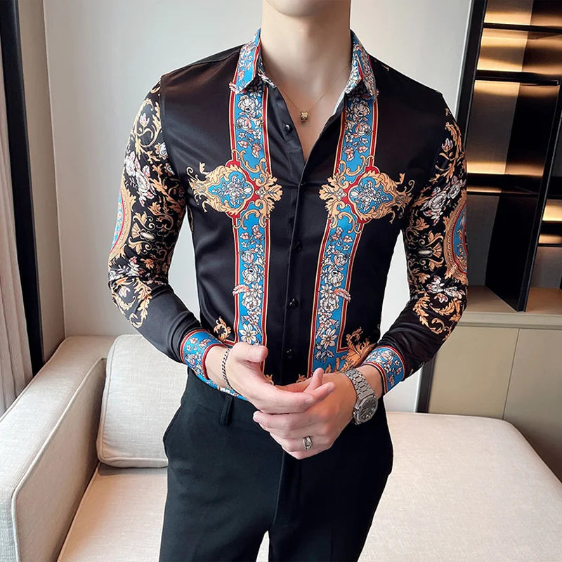 Marken Designer Herren Blumen Hemd Kleid Luxus Paisley Druck Langarm Casual Hemden Bluse Homme Mode Barock Herrenbekleidung