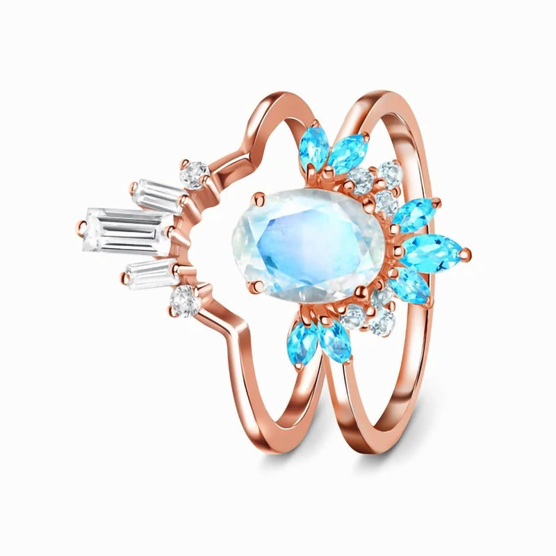 Sterling Silver Double Ring with Moonstone – Rose Gold Elegance in European Style