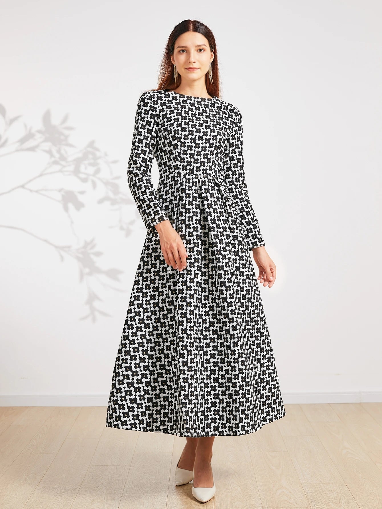 DEVCHATA: Luxuriöses Vintage-Kleid für Damen – Langarmkleid mit Goldfaden-Jacquard, florales Design für Frühling und Herbst, perfekt für Partys