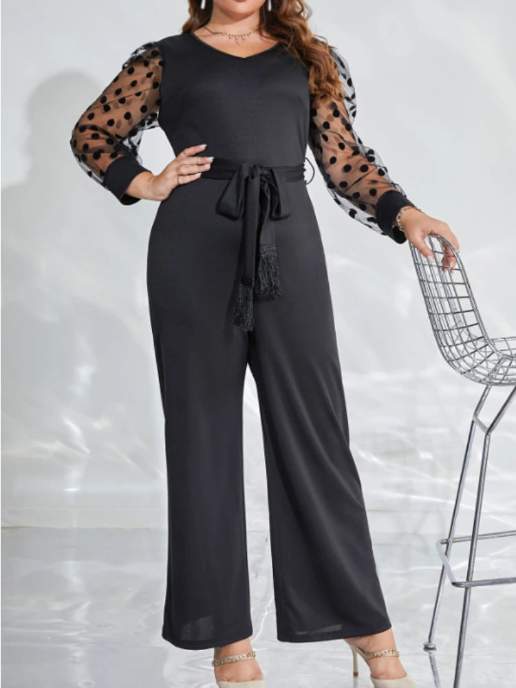 Eleganter schwarzer Jumpsuit – Plus-Size (Größe 4XL) mit V-Ausschnitt, langen Punktärmeln, High-Waist-Design und weitem Bein für Damen