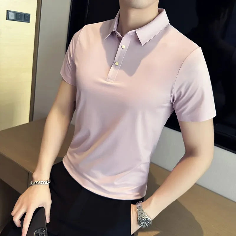 Herren Kurzarm-POLO-Shirt:Dünn, Hoch Elastisch, Unifarben, Slim Fit, Elegantes Freizeit- und Businesshemd