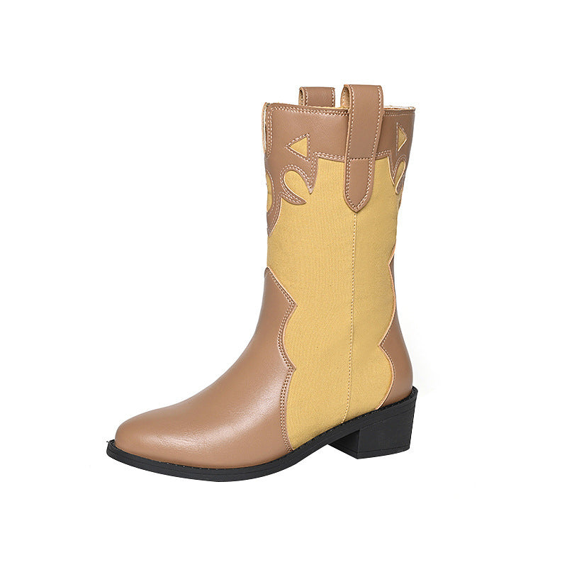 Damen Cowboy-Stiefel – Modische Mid-Calf Boots mit niedrigem Absatz