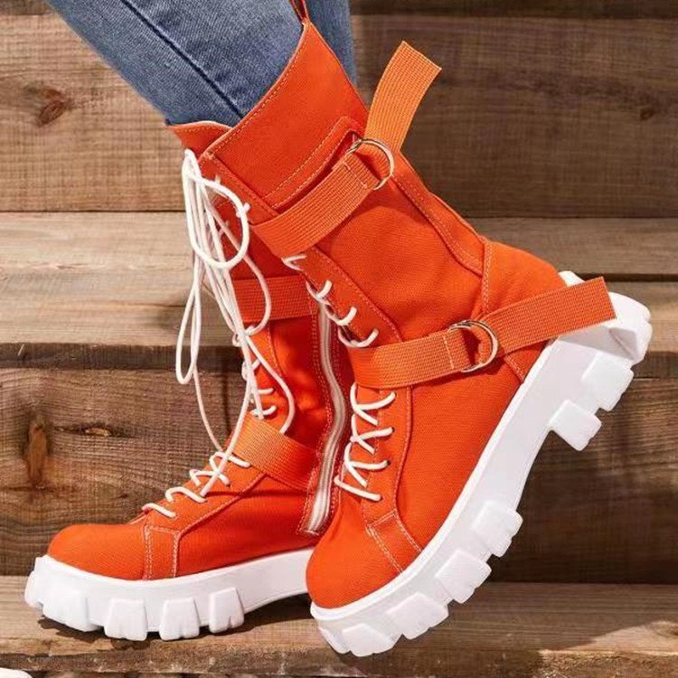 Women's Platform Cowboy Boots with Buckles and Laces - Stylish and Modern