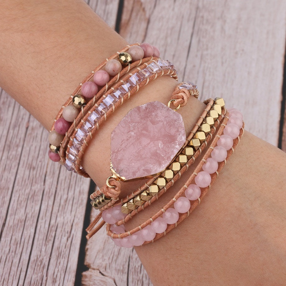 Roséquarz Wickelarmband – Boho-Stil mit Natürlichem Edelstein