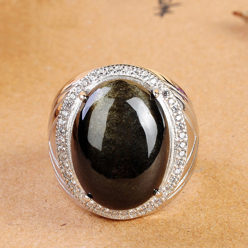 S925 Silberring mit Naturgold-Obsidian – Maskulines Design für Herren