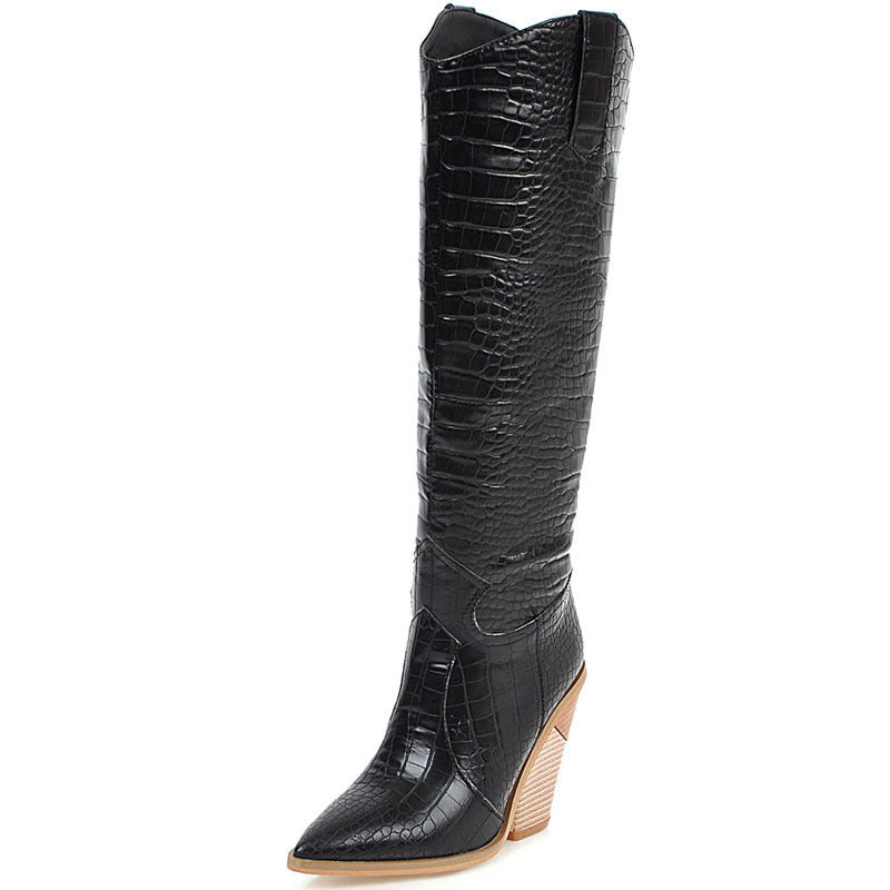 Damen Trend-Boots – Hohe Keilabsatz-Stiefel mit Fischschuppen-Optik