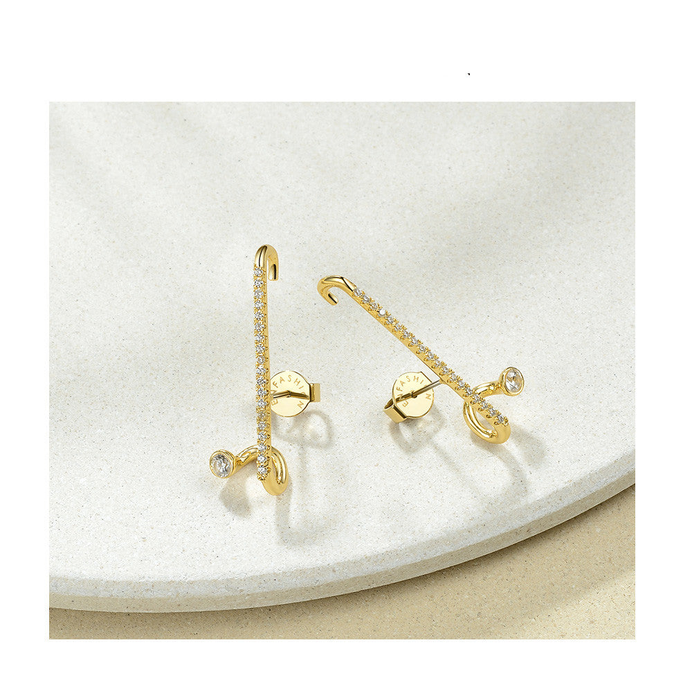 18K Gold Plated Brass Stud Earrings in European and American Design with Geometric Arrangement of Small Diamonds