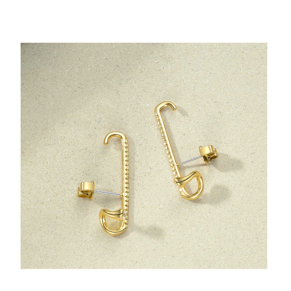 18K Gold Plated Brass Stud Earrings in European and American Design with Geometric Arrangement of Small Diamonds