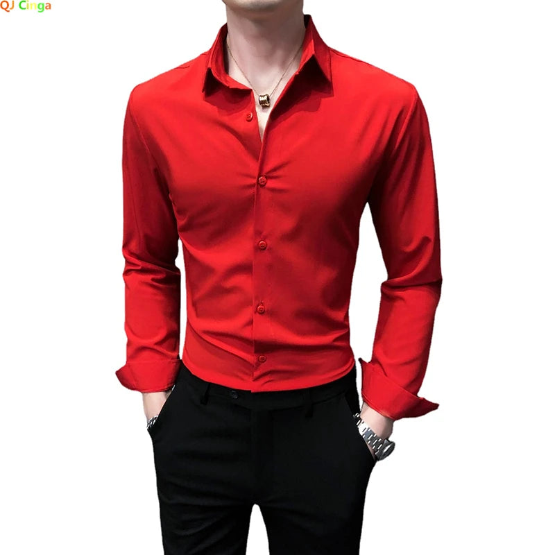 Helles Rotes Langarmhemd Herrenmode Slim Fit Hemden Weiße, Blaue, Graue Herren Tops Schwarzes, Lilanes, Grünes Kleid Camisa Männlich Chemise