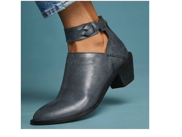 Women's Cut-Out Ankle Boots - Leather ankle boots with buckle straps and zipper