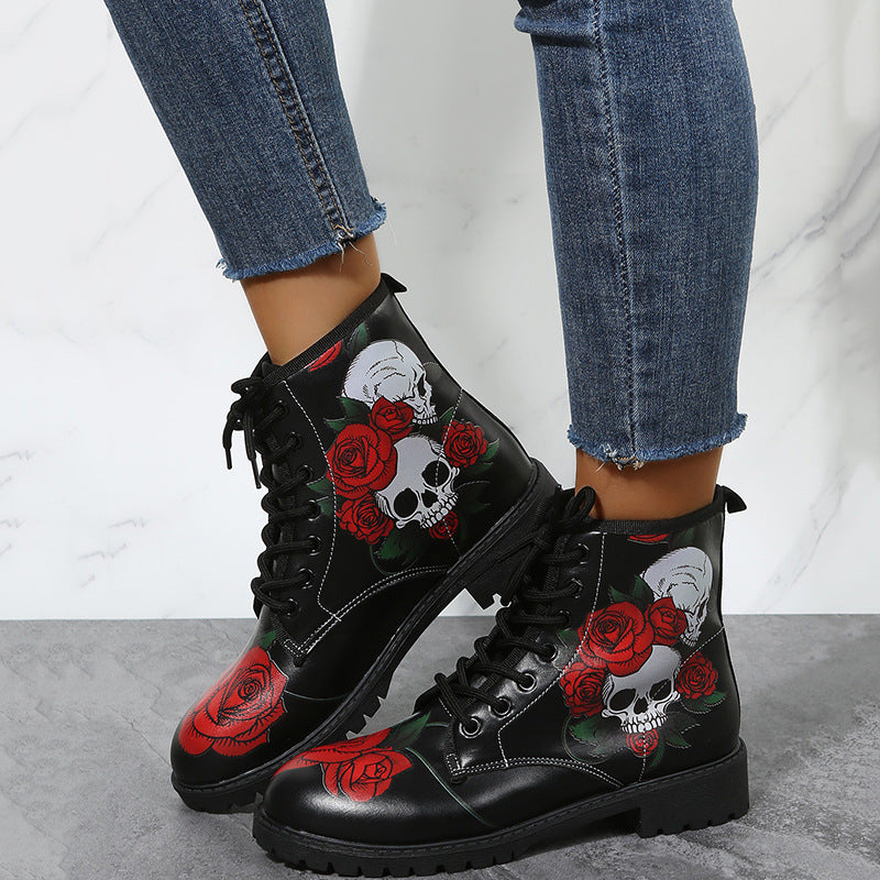 Halloween Ankle Boots with Rose Print and Lace-Up – Stylish and Comfortable for Women