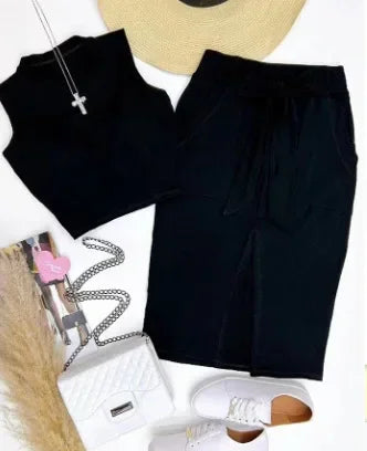 Damen-Zweiteiler-Rockset – Figurbetontes Outfit mit Rundhals, ärmellosem Crop-Top und mittellangem Rock mit hoher Taille und Schleifen-Detail