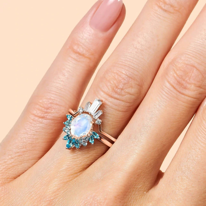 Sterling Silver Double Ring with Moonstone – Rose Gold Elegance in European Style