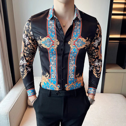 Marken Designer Herren Blumen Hemd Kleid Luxus Paisley Druck Langarm Casual Hemden Bluse Homme Mode Barock Herrenbekleidung