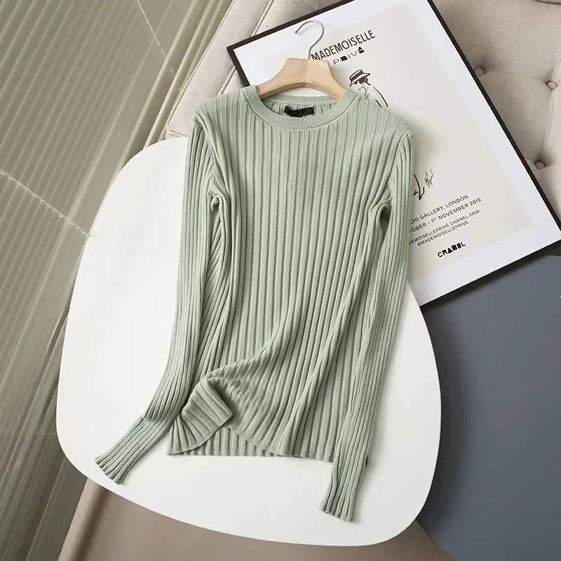 Frühling Damen Pullover – Schlichtes, geripptes Oberteil mit Rundhalsausschnitt – Eleganter, figurbetonter Stil für Büro und Freizeit