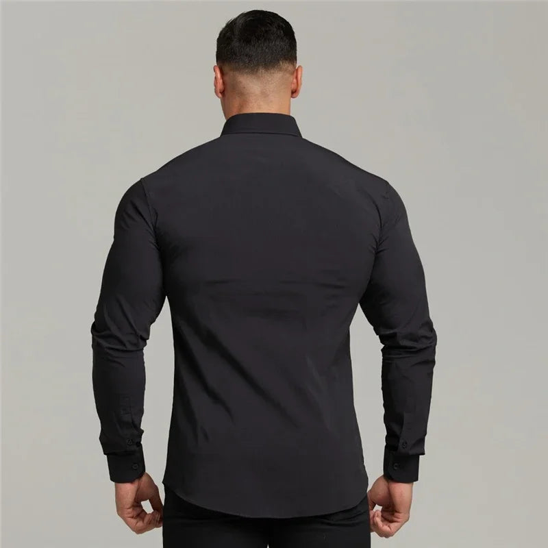 Herrenmode – Lässiges Langarmhemd, Einfarbig, Super Slim Fit, Social Business Dress, Fitness Sports Kleidung