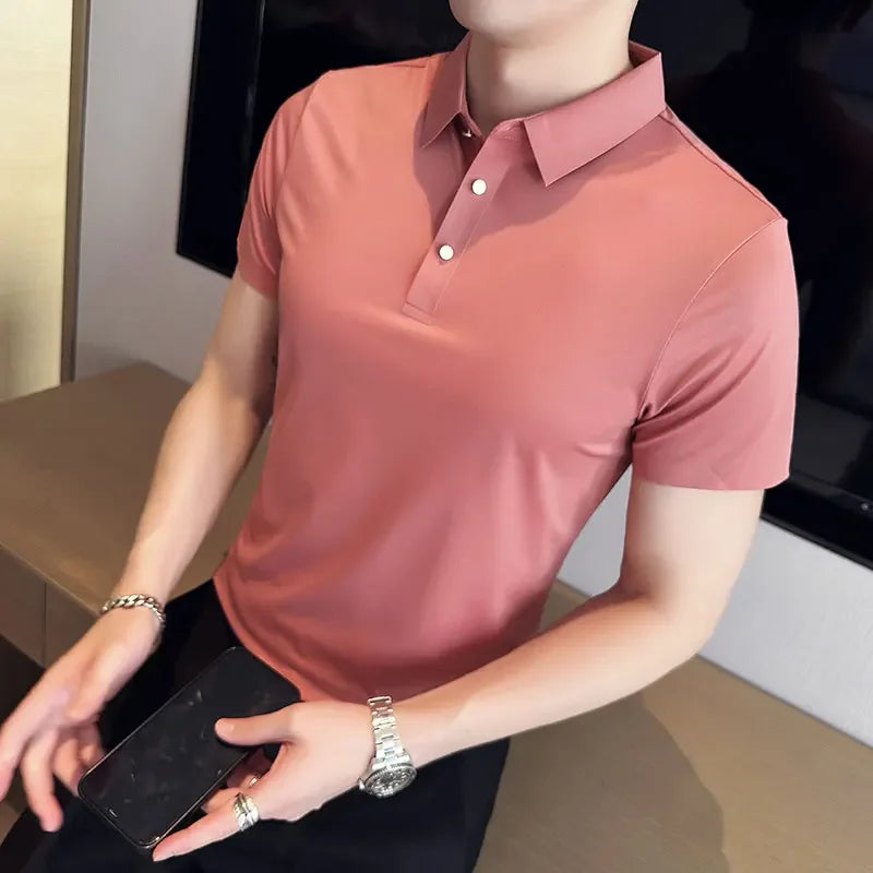 Herren Kurzarm-POLO-Shirt:Dünn, Hoch Elastisch, Unifarben, Slim Fit, Elegantes Freizeit- und Businesshemd