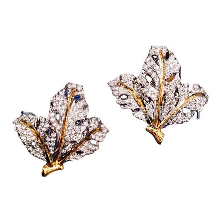 Retro Stil 18K Gold Diamant Doppelte Blume und Blatt Gebürstet Gravierte Gold Ohrclip