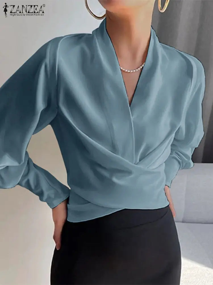 Elegante Wickelbluse für Damen – Langarmbluse mit V-Ausschnitt und Puffärmeln