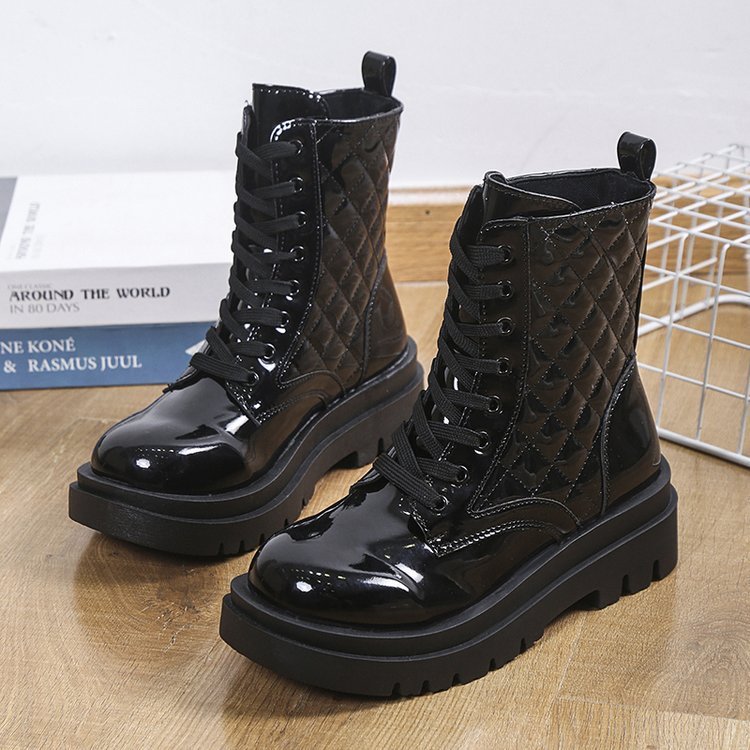 Damen Schnürstiefeletten – Plattform-Boots mit dicker Sohle und gesteppter Optik