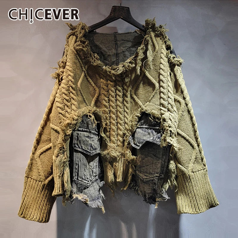 CHICEVER Patchwork-Pullover für Damen – Strickpullover mit Taschen und Langarm – Modisches Streetwear-Design für Herbst und Winter