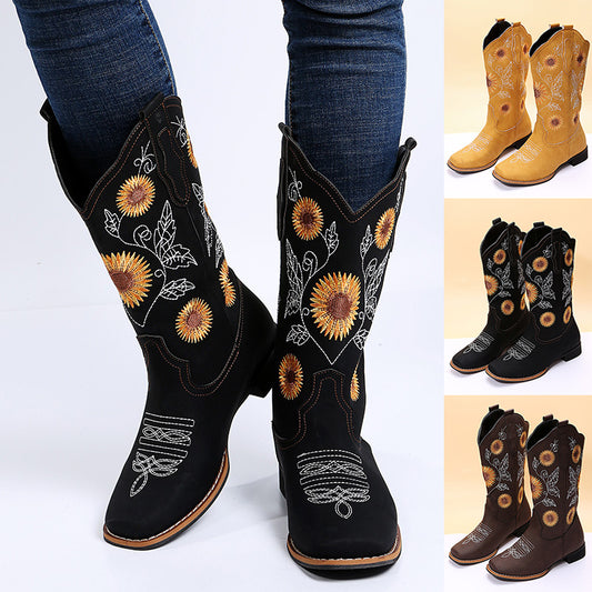 Damen Cowboy-Stiefel – Bestickte Westernstiefel mit Sonnenblumen-Design