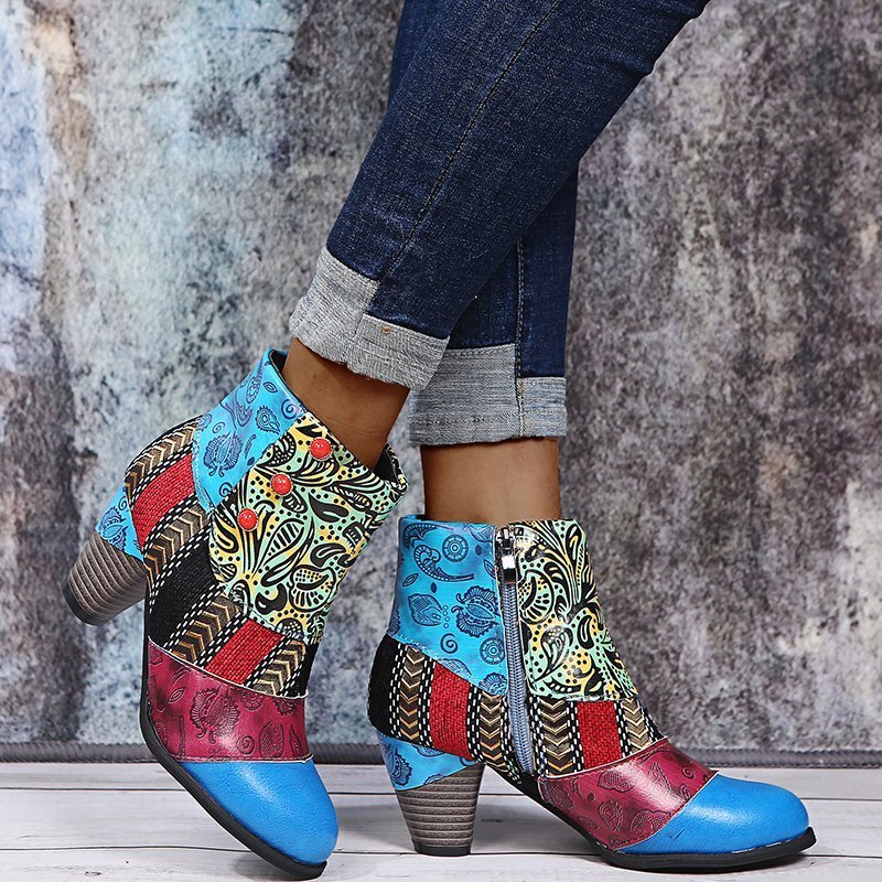 Damen Ankle Boots – Modische Stiefeletten mit Blumenmuster und Chunky Absatz