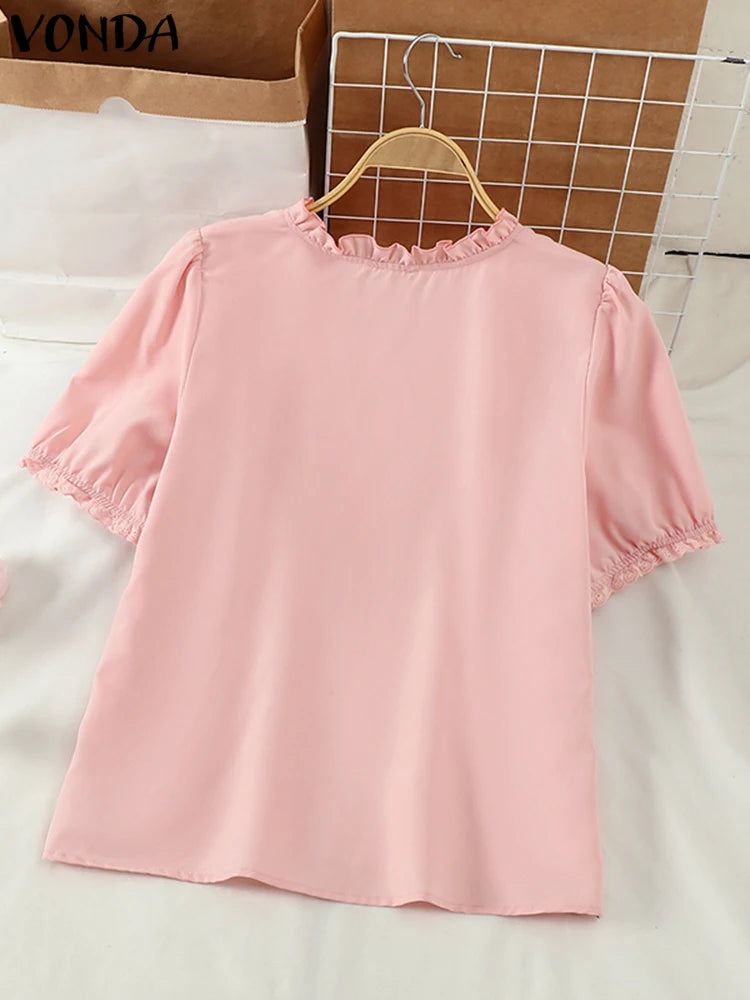 VONDA Damen Elegante Bluse 2024 – Modische Kurzarm Sommerbluse mit Stehkragen, Knöpfen und Boho-Spitzen-Details