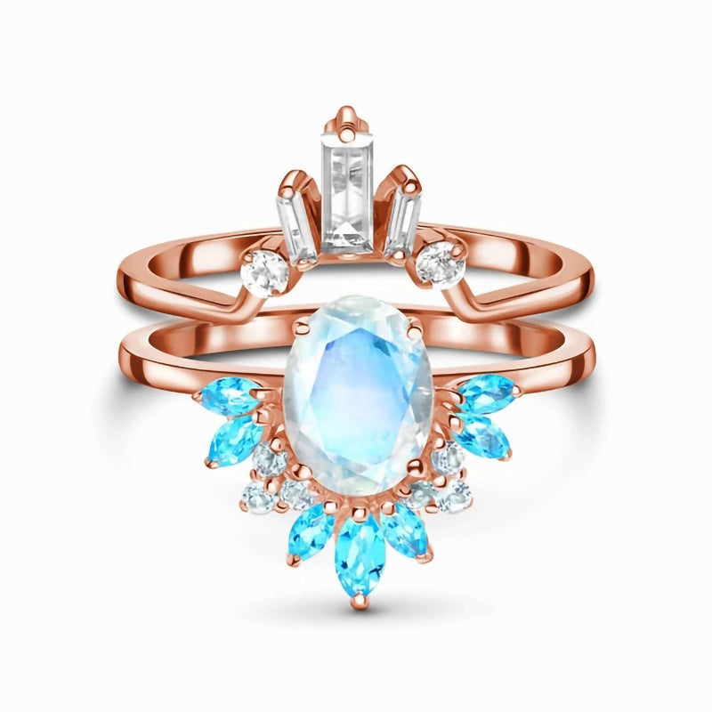 Sterling Silver Double Ring with Moonstone – Rose Gold Elegance in European Style