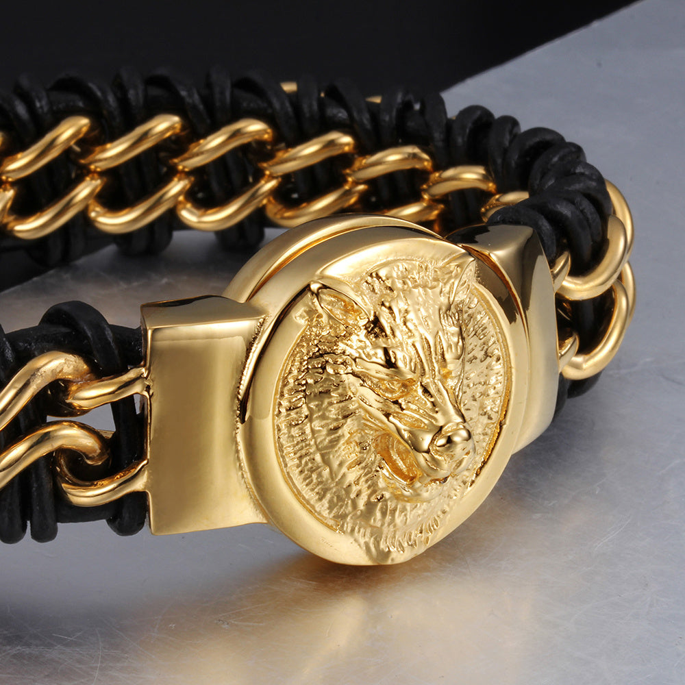 Titanstahl Herrenarmband – Löwenkopf-Design mit Goldplattierung und Echtleder