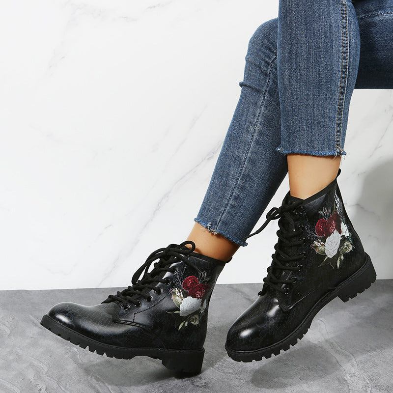 Halloween Ankle Boots with Rose Print and Lace-Up – Stylish and Comfortable for Women