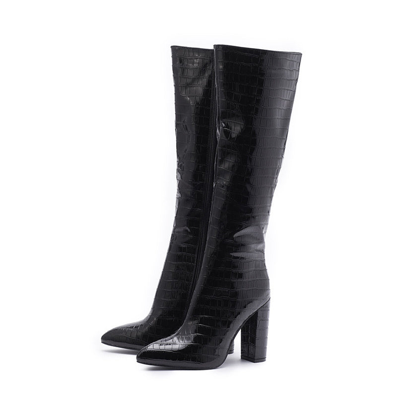 Damen Winterstiefel – Modische Mid-Calf Boots mit spitzem Zeh und hohem Blockabsatz