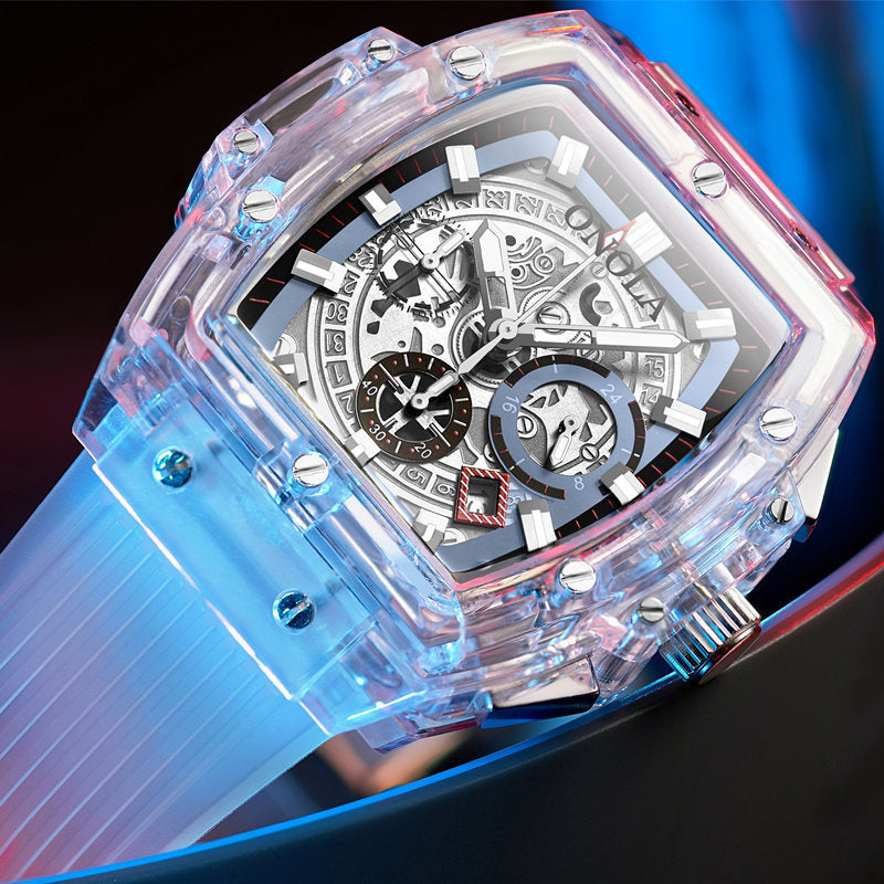 Transparente Herrenuhr mit Skelett-Design