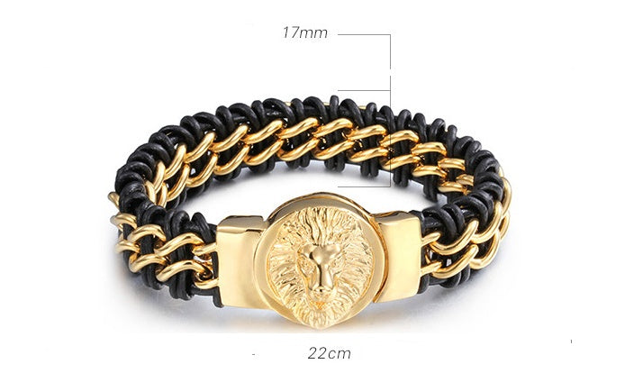 Titanstahl Herrenarmband – Löwenkopf-Design mit Goldplattierung und Echtleder