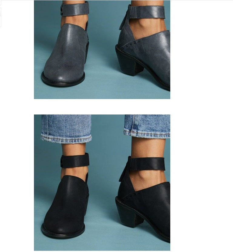 Women's Cut-Out Ankle Boots - Leather ankle boots with buckle straps and zipper