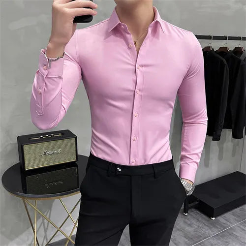 Helles Rotes Langarmhemd Herrenmode Slim Fit Hemden Weiße, Blaue, Graue Herren Tops Schwarzes, Lilanes, Grünes Kleid Camisa Männlich Chemise