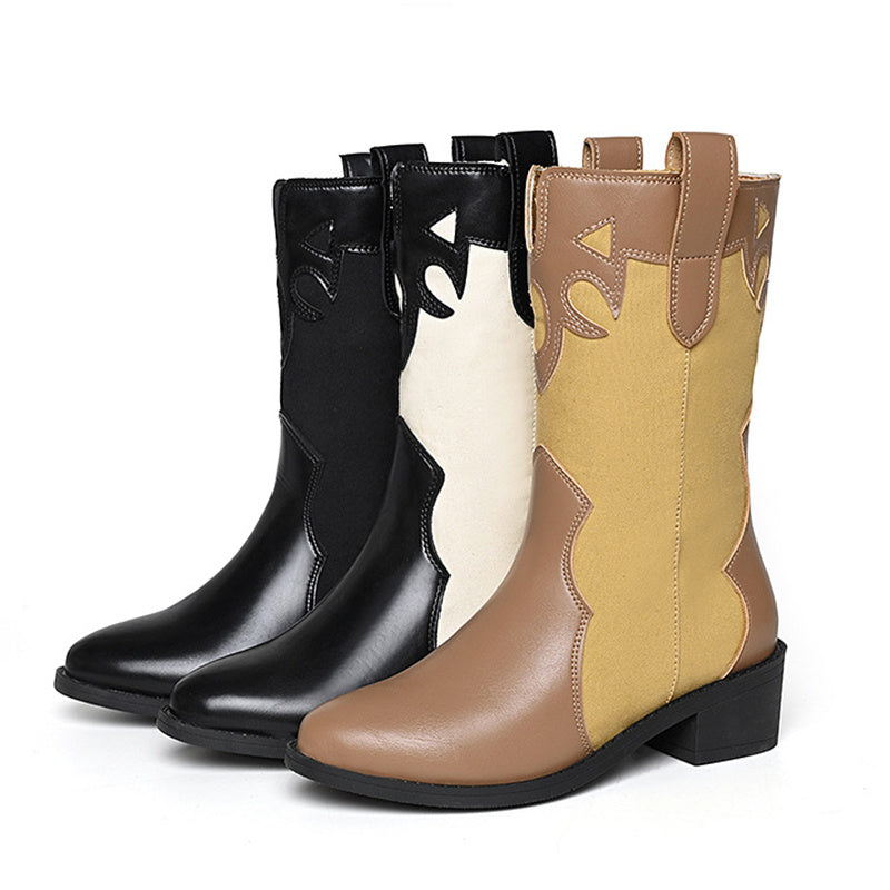 Damen Cowboy-Stiefel – Modische Mid-Calf Boots mit niedrigem Absatz