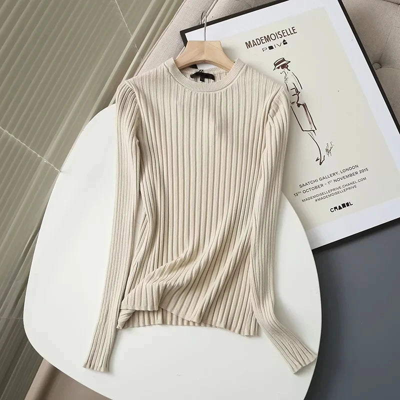 Frühling Damen Pullover – Schlichtes, geripptes Oberteil mit Rundhalsausschnitt – Eleganter, figurbetonter Stil für Büro und Freizeit