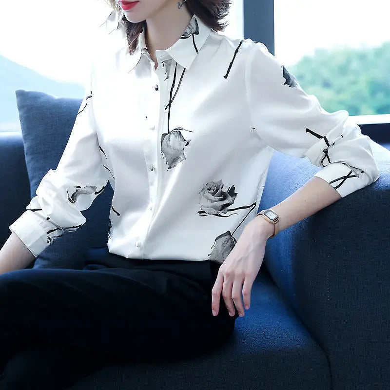 Elegant Fashion Printing Rose High-end Blouse Women New Long Sleeve White Single-breasted Office All-match Lady Shirt 2023