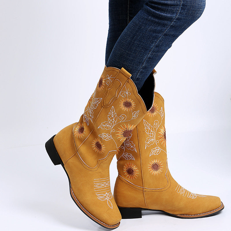 Damen Cowboy-Stiefel – Bestickte Westernstiefel mit Sonnenblumen-Design