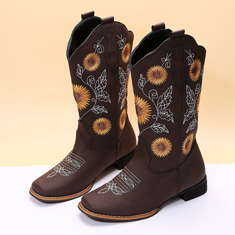 Damen Cowboy-Stiefel – Bestickte Westernstiefel mit Sonnenblumen-Design