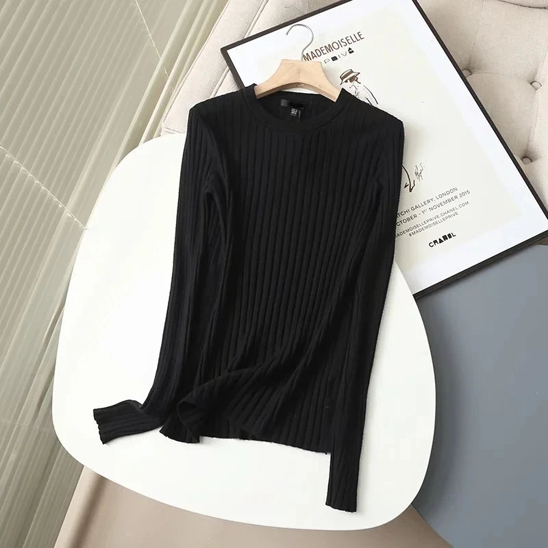 Frühling Damen Pullover – Schlichtes, geripptes Oberteil mit Rundhalsausschnitt – Eleganter, figurbetonter Stil für Büro und Freizeit