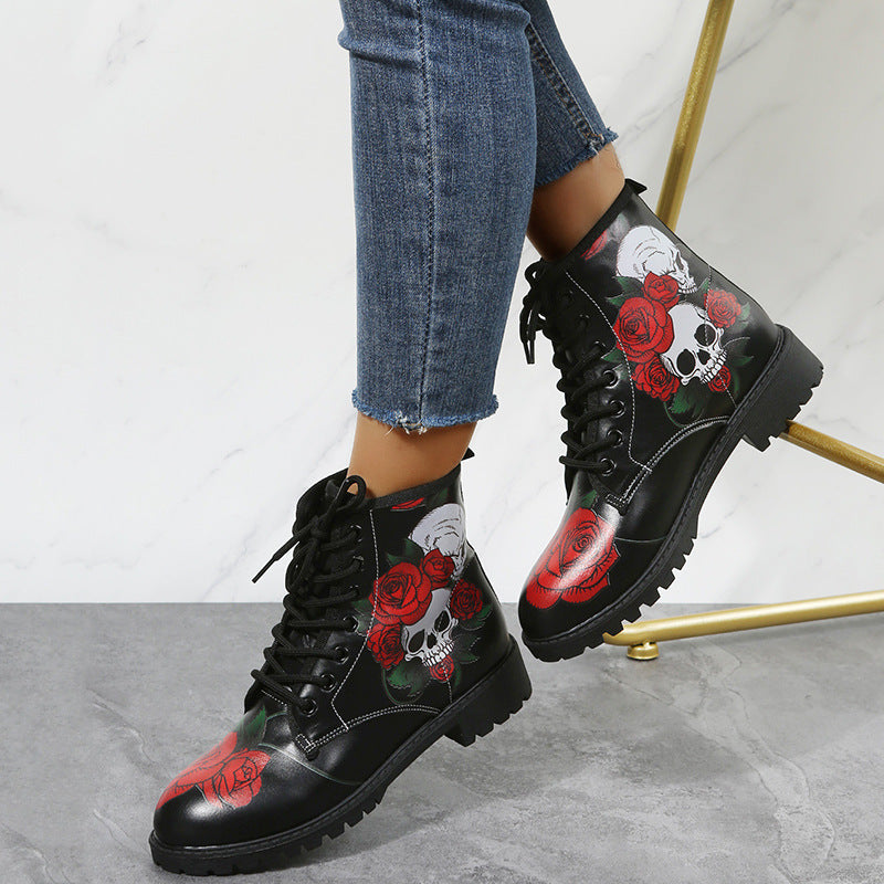 Halloween Ankle Boots with Rose Print and Lace-Up – Stylish and Comfortable for Women