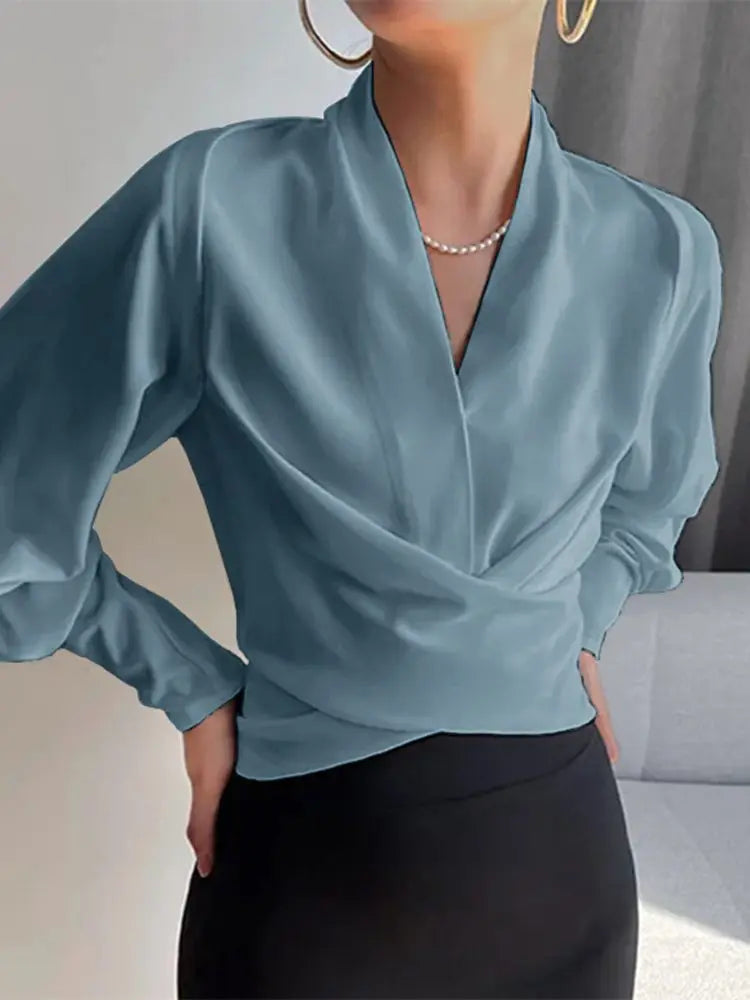 Elegante Wickelbluse für Damen – Langarmbluse mit V-Ausschnitt und Puffärmeln