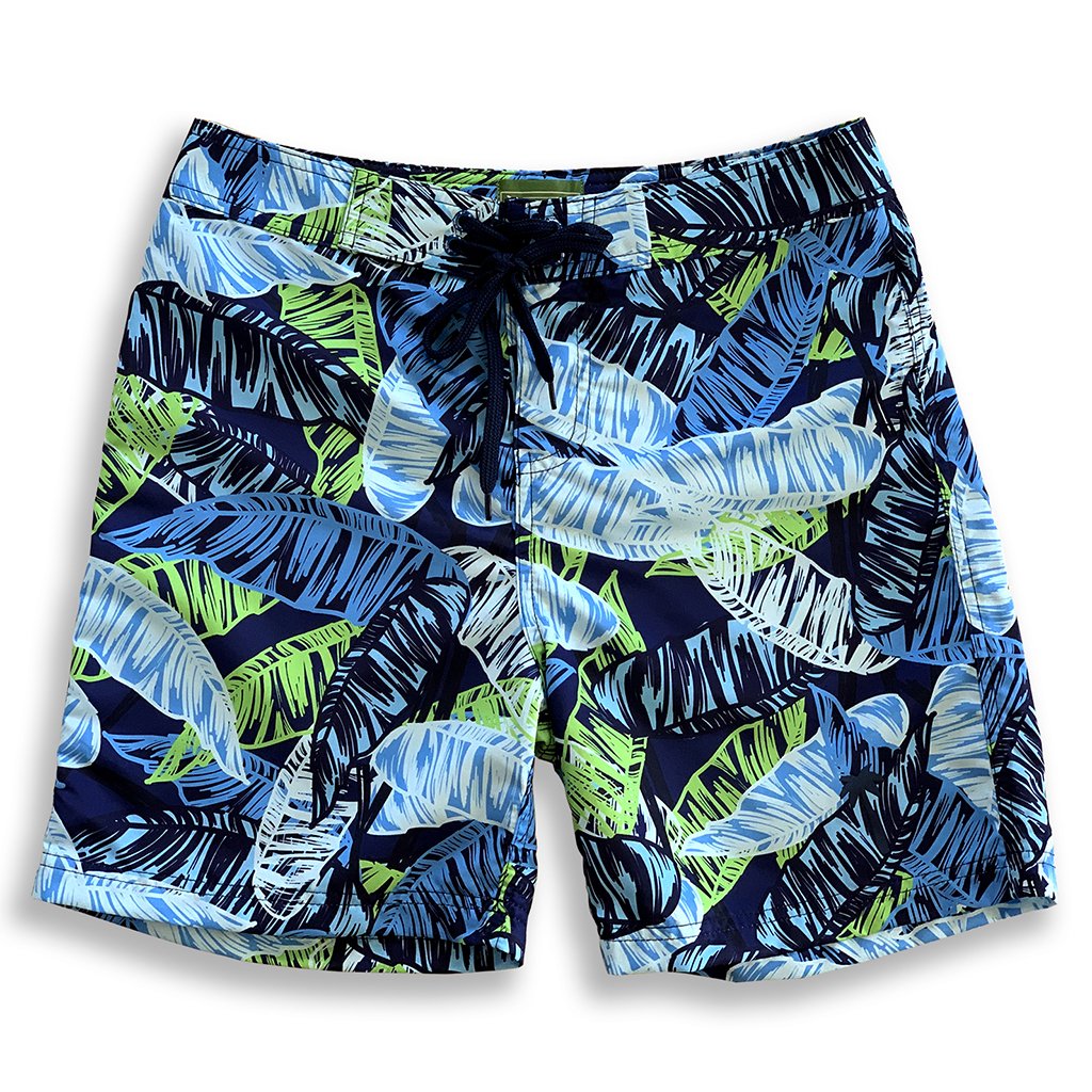 La Palma Eco-Beachwear – Surf-Boardshorts mit botanischem Palmenprint, 43 cm