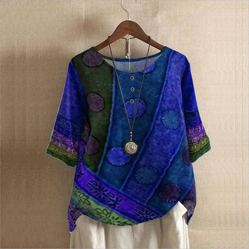 Ethnic Style Women's O-neck Digital Vintage Print Loose Shirt Oversized Half Sleeve Blouses Tops Women Harajuku Casual Pullover