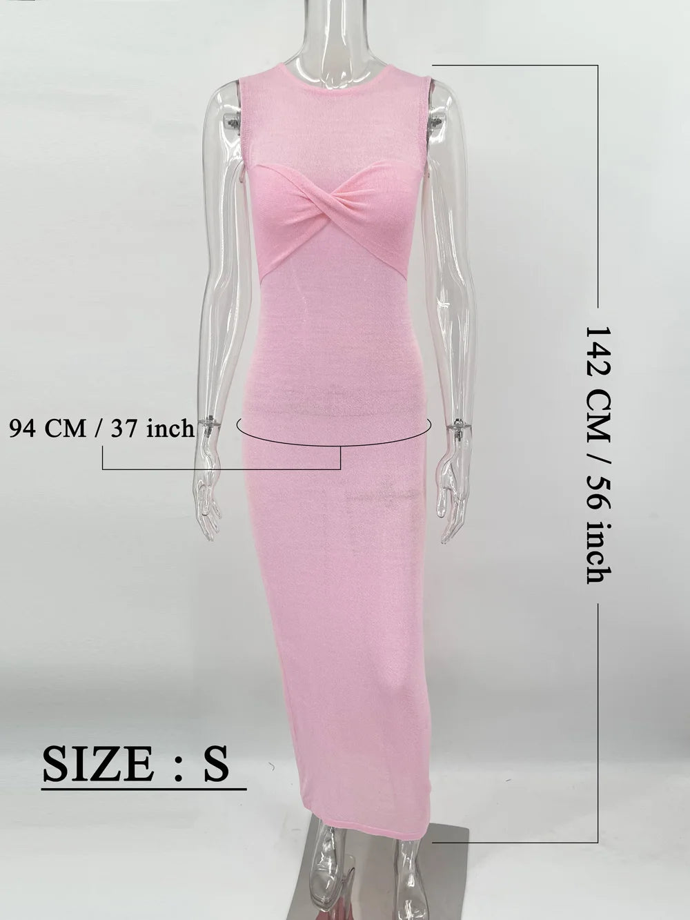 Tossy: Sommerliches Strand-Strick-Maxikleid für Damen – Ärmelloses Cover-Up-Kleid in Rosa mit Twist-Detail, Figurbetont und leicht durchscheinend