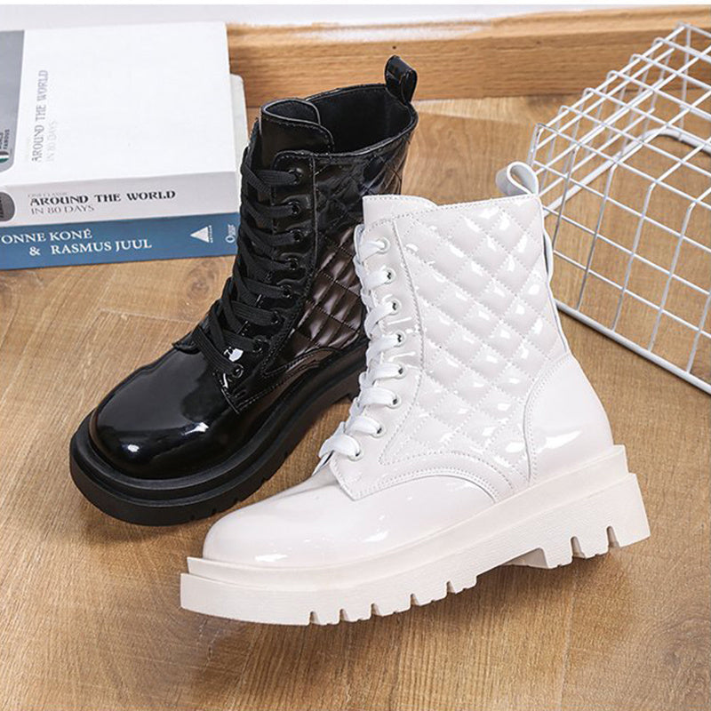 Damen Schnürstiefeletten – Plattform-Boots mit dicker Sohle und gesteppter Optik