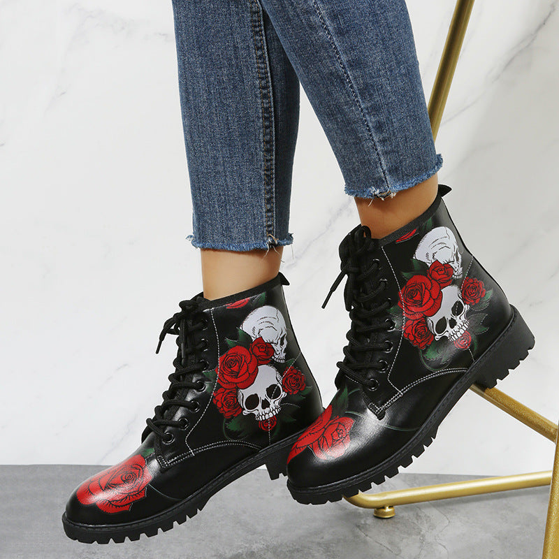 Halloween Ankle Boots with Rose Print and Lace-Up – Stylish and Comfortable for Women